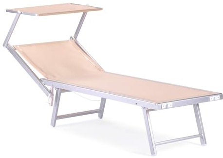 Rebecca Mobili Sonnenliege, klappbar, Beige, Aluminium, Polyester, für Garten, Strand, mit neigbarem Sonnendach – Maße HxBxT: 38 x 186 x 61 cm – Art. RE7154
