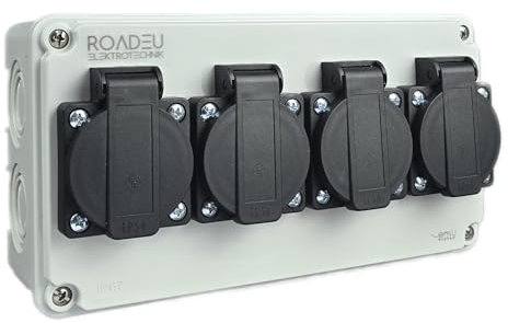RoadEu - Wall Mounted Power Strip 13Amp 250V - Waterproof Power Distribution Box - IP54 - with 4X UK Standard sockets - Easy mounting Solution, Perfect for workshops, Sheds and Gardens.