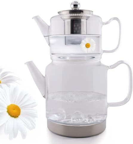 Doppel-Glasteekanne - 2-in-1 Teekanne mit Edelstahl-Sieb - 2 Liter + 1 Liter - Induktionsgeeignet - Klarglas Borosilikat - Spülmaschinenfest