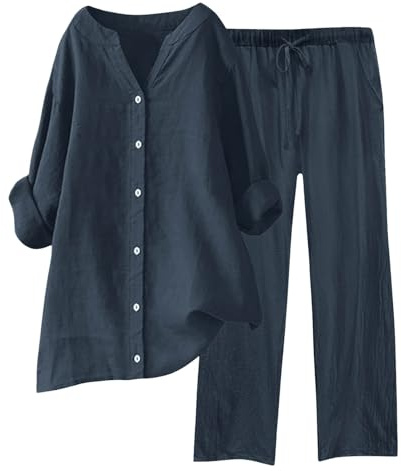 Generico Completo di Lino Donna 2 Pezzi Pantalone Lungo Estivo Tuta Elegante Completo Casual Set Estiva Camicia e Pantaloni Cotone Completi Leggera Comodi Tute Curvy Taglie Forti