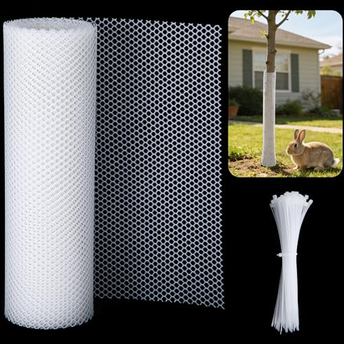 GIONAR 20 Ft/6M Mesh Tree Guard Trunk Protectors- Tree Bark Protector- Flexible Net Tree Guard with 100 Pcs Ties for Tree Protectors from Deer Mowers Trimmers（White）
