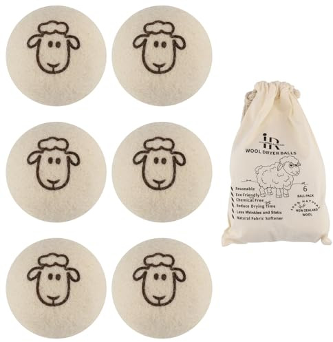 Bolas secadora de ropa de lana, pelotas secadora de ropa reutilizables, set de 6 bolas de secado con bolsa de algodón para secadora