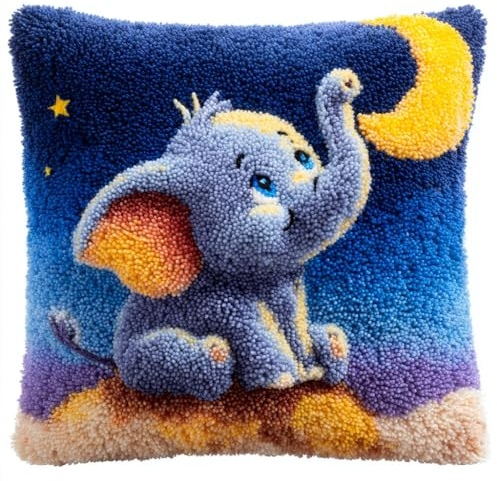 Henypt Kit per realizzare cuscini fai da te all'uncinetto, Animali Elefante con motivo prestampato, Kit di cuscini ad ago Cuscino con gancio di chiusura, 43 x 43 cm
