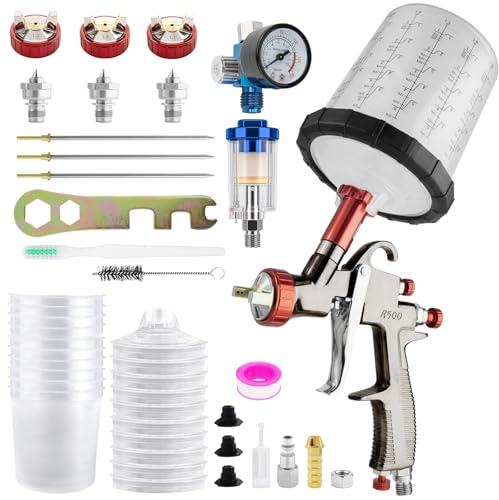 R500 LVLP lackeringspistol, sprutpistol premiumkit, lackeringspistol, tryckluft med 1,3/1,5/1,7 mm munstycken, 650 ml (20 ounces), set med 10 engångssprutpistolkoppar, färgpistol för bilar och hem