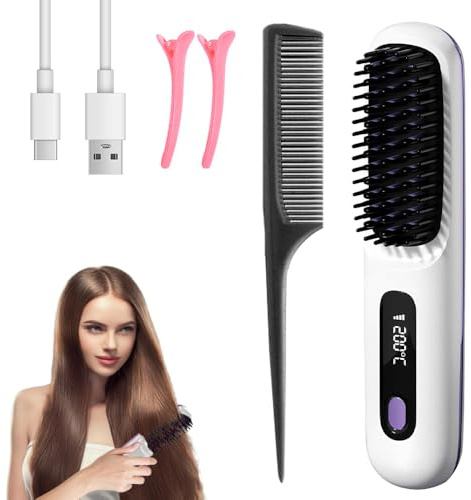 Hojalis Cepillo Alisador Pelo, Alisador De Cabello Inalámbrico, Cepillo Térmico Para Cabello, Cepillo Alisador Pelo Inalámbrico, 3 Modos Ajustable, Pantalla Led, 160-200 °C, Para Uso En Casa Y Salón
