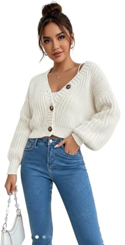 LUXFAB Womens Balloon Sleeve Chunky Knitted 3 Button Crop Cardigan V Neck Stretchy Fisher Knit Sweater Winter Warm Fancy Party Wear Top UK 8-14 Size (UK, Alpha, One Size, Regular, Regular, Cream)