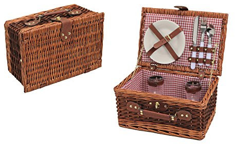 Picknickkorb für 2 Personen 11 tlg. Picknickkoffer 36X25X18CM braun Weide rot weiss Karo 15936