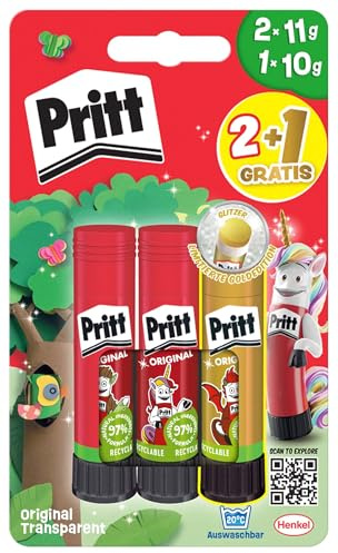 Bastoncino di colla Pritt Set promozionale BTS 2x 11 g mini bastoncini di colla e un bastoncino di colla fun colors, colla sicura e adatta ai bambini per lavori artistici, bricolage e per la scuola
