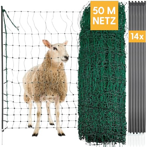 Agrarzone fårnät fårstaket med el grön 50m x 108cm | Elstängselnät med dubbelpunkt och stolpar | Skyddstaket för fårgettslamm | Elektriskt staket fjäderfä staket get staket får staket