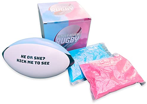 Sass Party & Gifts Ballon de rugby explosif pour révéler le sexe – Comprend de la poudre bleue et rose – Parfaite révélation pour les fans de rugby