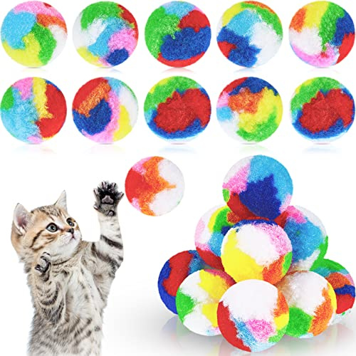 Deekin 20 Pcs Cat Pom Pom Balls Toy Kitty Yarn Puffs Assorted Color Small Plush Soft Balls Fuzzy Kitty Toy for Pet Cat 1.6 Inch in Diameter