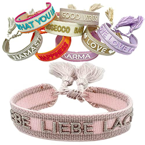 LS-LebenStil Exklusives Statement Armband - das Original - Lebe Liebe Lache Rosa 16-20cm Quasten besticktes Boho Canvas Webarmband Damen Freundschaftsarmband Geschenk gewebt textil Stoffarmband