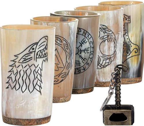 FENRIR Viking Drinking Horn Mugs Set of 5 | Natural Ox Horn Shot Glasses Set | Medieval Viking Horn Cups | Norse Mead Ale Beer Whiskey Stein | Loud Cup Tumbler Horn | Unique Gifts for Men | 10-oz