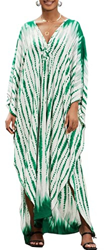 Bsubseach Robe de Plage Femme Longue Boheme Caftan Robe Maxi Fleur Kimono Bikini Cover Up Kaftan Taille Unique Pareos Vert Tidye