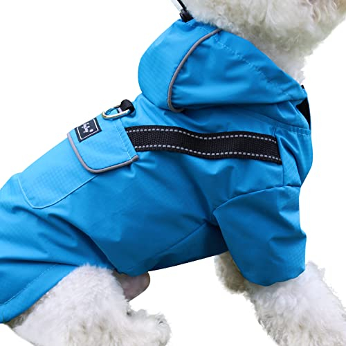 JoyDaog Premium-Hunde-Regenmantel mit Kapuze für extra kleine Hunde, Outdoor-Sport, wasserdichte Hunde-Regenjacke, Welpen-Regenmantel mit Taschen, Blau, Größe XS