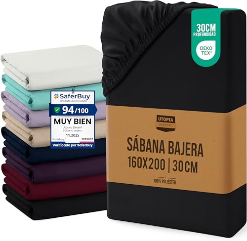 Utopia Bedding Drap Housse - Noire, 160 x 200 cm - Coupes de 30 cm pour Matelas épais - Certifié Oeko-Tex - Polyester Microfibre brossée