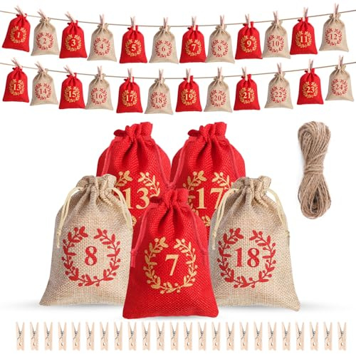 Adventskalender zum Befüllen 24 Stück，Wandkalender Dekorationsset mit Nylonimitat Tasche Lichterkette Clips und Seil perfekt für individuelle Weihnachtsdekorationen