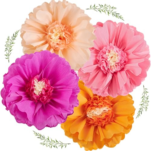 SUNBEAUTY 4 PCS 20 Hot Pink Orange Party Decorations Giant Paper Flowers Crepe Tissue Flowers Decoration for Spring Summer Birthday Wall Decor