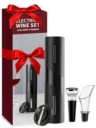Sacacorchos eléctrico. Abridor de vino eléctrico 4 en 1, abrebotellas eléctrico, cortador hojalata, tapón al vacío y decantador antigoteo. Sacacorchos profesional. Regalos originales para hombre.
