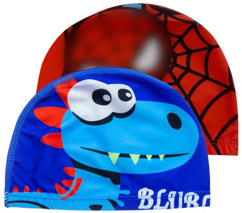 EIROVYA 2 Stück Badekappe Kinder,Schwimmhaube Kinder,Badekappen,Badekappe Stoff,Für 4-12 Jahre Jungen Mädchen,Schwimmkappe Kinder,Bequeme Passform für Langes und Kurzes Haar(Dinosaurier+Spider)