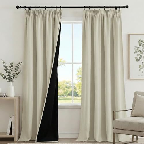 PONY DANCE 100% Blackout Thermal Insulated Curtains, 52x90, Light Beige | Pencil Pleat Rod Pocket Curtains for Bedroom and Living Room, 2 Panels, Noise Reduction, Light Blocking & Privacy Drapes