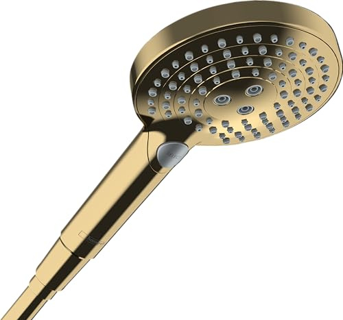 hansgrohe Raindance Select S - ducha de mano ahorro de agua 5,7 l/min (EcoSmart+), alcachofa de ducha con 3 tipos de chorro, cabezal de ducha (120 mm), con sistema antical, color oro pulido, 26516990