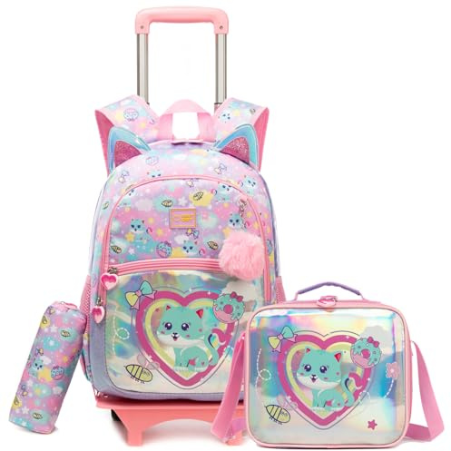 Egchescebo Kinder Niedliche Katze Rucksack mit Abnehmbare Rollen Kinderkoffer Mädchen für Koffer Schultrolley Kindertrolley Groß Schultasche Kindergepäck 17” 3pcs Sätze Geeignet Grundschüler Rosa