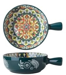 Grande set di ciotole in ceramica for la tavola, piatto da insalata, piatto da zuppa, piatto da dessert, ciotola da esposizione, ciotola mista for la presentazione quotidiana dei pasti.(Green Handle b