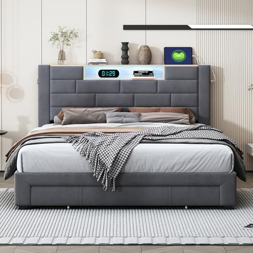 NSXSBUZ Sängbotten 140 x 200 med förvaringsutrymme, höjdjusterbart huvud, vadderad säng med ribbotten och ram, boxfjädersäng utan madrass (grå, 160 x 200 cm)