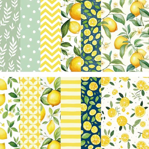 24Pcs Fruit Scrapbook Paper, 6x6 Inch Cherry Strawberry Patterned Cardstock for DIY Scrapbooking, Greeting Cards, Gift Wrapping, Journal Decoration (Vibrant Colors, 12 Styles) (Yellow, One Size)
