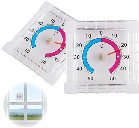 2 Stück Fensterthermometer Aussen Selbstklebend, Wasserdicht Aussenthermometer Wetterfestes Temperaturmessung Genauer Thermometer + - 50°C Für Innen Aussen (7,5 x 7,5 cm)