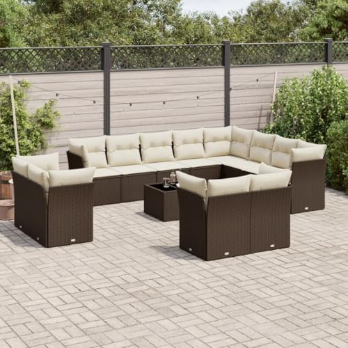 Holamys Ensemble de 13 meubles de jardin en rotin synthétique marron avec coussins, pour balcon, jardin, patio, groupe de sièges modulaires, résistant aux intempéries et aux UV