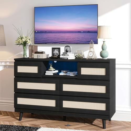 Garvee Natural Wood Rattan Dresser with 6 Drawers & Built-in Charging Station – Modern Farmhouse Bedroom Dresser with LED Lighting for Nursery, Living Room & Entryway