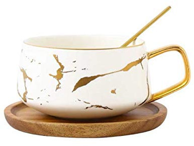 YBK Tech Ensemble tasse à thé en porcelaine pour thé de l'après-midi – Motif marbre (blanc, court 300 ml + soucoupe en bois)
