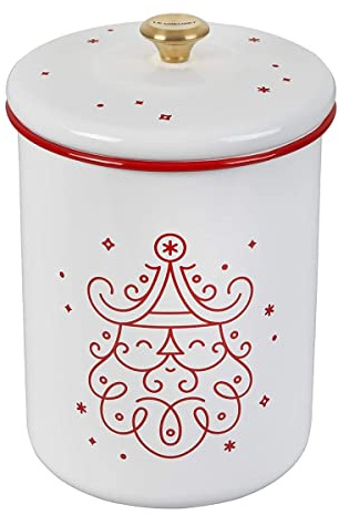 Le Creuset Enamel On Steel Noel Collection Cookie Jar, 4.25 qt. (6.3 x 8.3), White with Cerise Applique and Gold Knob