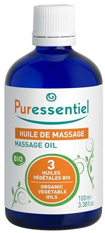 Puressentiel Olio da Massaggio ai 3 Oli Vegetali BIO, Base Neutra per Oli Essenziali, Per Trattamenti di Viso, Corpo e Capelli, Proprietà Emollienti, Lenitive, Protettive e Riparatrici, 100 ml