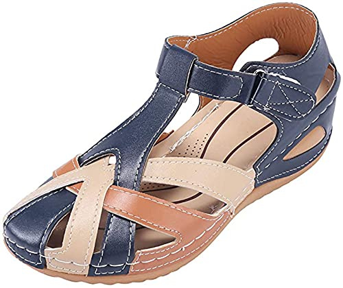 HHZY Sandalias Mujer Verano Cuña Cómodos Mules Cabeza Redonda Zuecos Casual Retro Punta Cerrada Zapatos de Playa con Correa de Tobillo,Azul,36