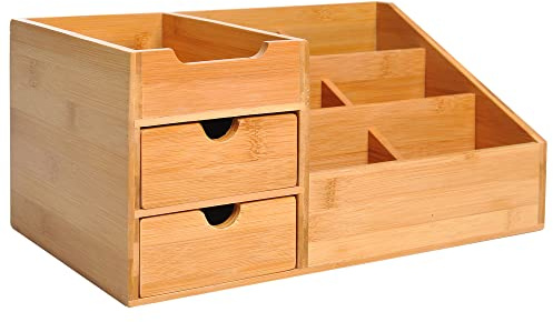 HOMCOM Boite de Rangement de Bureau - Organiseur de Bureau - 7 Compartiments, 2 tiroirs - Bambou Verni, Bambou