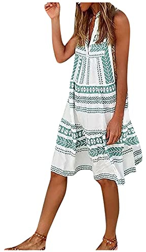 Kanpola Sommarklänning, damklänningar, vintageklänning, ärmlös, V-ringad, blusklänning, sommar, knälång klänning, fritidsklänning, boho, strandklänning, skjortklänning, Grön, S