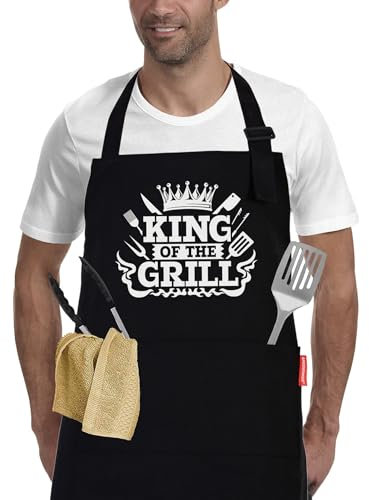 APRONPANDA King of The Grill Apron, BBQ Aprons for Men with Pockets, Christmas Gifts for Men Him Dad, Professional Cooking Chef Cotton Apron for Kitchen,Baking