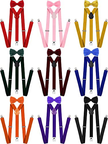 Eurzom 9 Pcs Adjustable Elastic Y Back Style Suspenders Fun Bow Ties for Men with Metal Clips 1 Inch Wide Y Shape Suspenders for Men and Women, 9 Colors