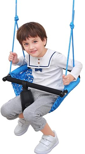 Kids Swing Seats Indoor Hand-Made Net Swing with Adjustable Rope Tree Swings for Kid Child Backyard Playground Swings Outside Indoor (Blue