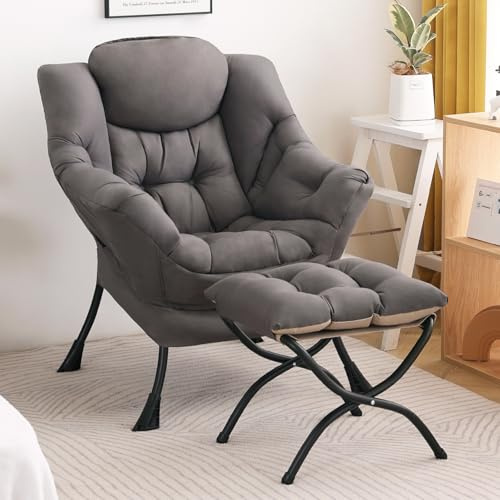 SESHINELL Lazy Chair with Ottoman, Modern Accent Chair Contemporary Sofa Chair with Armrests, Reading Chair and Folding Footstool Set for Living Room, Bedroom, Office, Dark Grey
