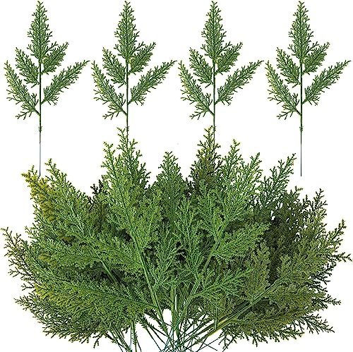 40 ramas artificiales de cedro sintético de 12.5 pulgadas, ramas tallos de pino de cedro para manualidades, guirnalda, corona, adornos de Navidad y decoración del hogar