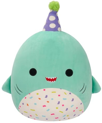 Squishmallows Original 12-Inch Sharon The Teal Shark with Party Hat + Confetti Belly - Official Jazwares “Happy Birthday” Plush (Medium-Sized)