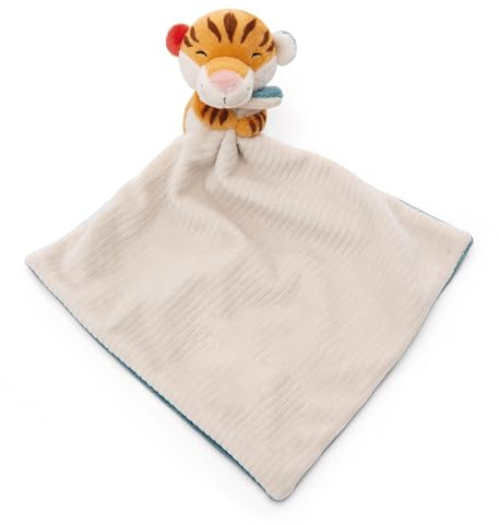 Doudou 22x22 cm Beige-Bleu avec Peluche Tigre 12 cm - Couverture, Couette en Tissu Doux pour bébés et Tout-Petits - Peluche Douce pour bébé - pour Les Petits Enfants, Les Filles et Les garçons