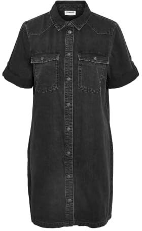 NOISY MAY Vestido Vaquero Midi de Mujer Vestido de Mezclilla Vestido de Camisa de Manga Corta de Moda NMNEW, Color:Negro-2, Talla:M