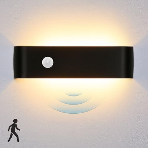 Lightess 16W Aplique Pared Interior Sensor Movimiento, Moderna Lampara de Pared LED, 3000K Blanco Cálido Lámpara de Pared Luz de Aluminio Iluminación para Salón, Dormitorio, Pasillo, Escalera, Negro