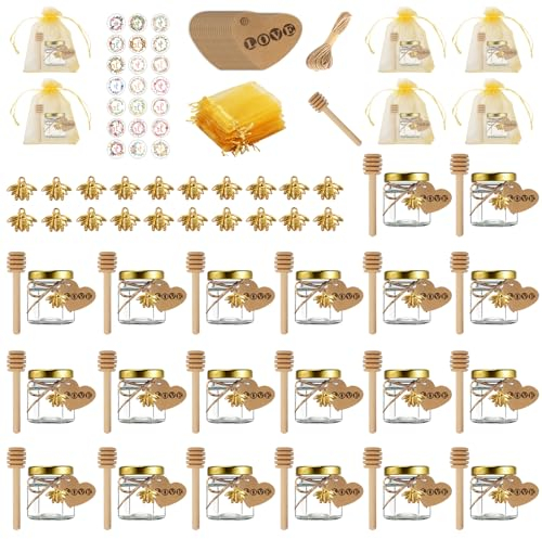 UCAMP Pots À Miel En Verre Hexagonaux avec Couvercle (20 Pack) - Mini Pot De Miel avec Cuillère En Bois, Pendentif Abeille, Saccade En Or Et Autocollants