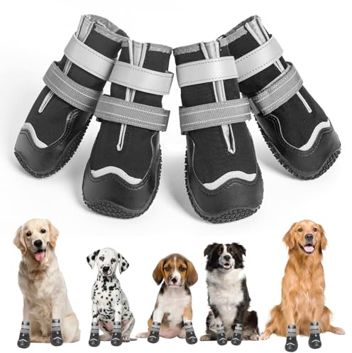 Ohcozzy Impermeabili Scarpette Cane, Stivali per Cani Antiscivolo con Cinturini Riflettenti, Resistenti All'usura, Suola in Gomma Protezione Zampe Cane per Piccoli Medi Grandi 4 Pezzi(L,Nero)